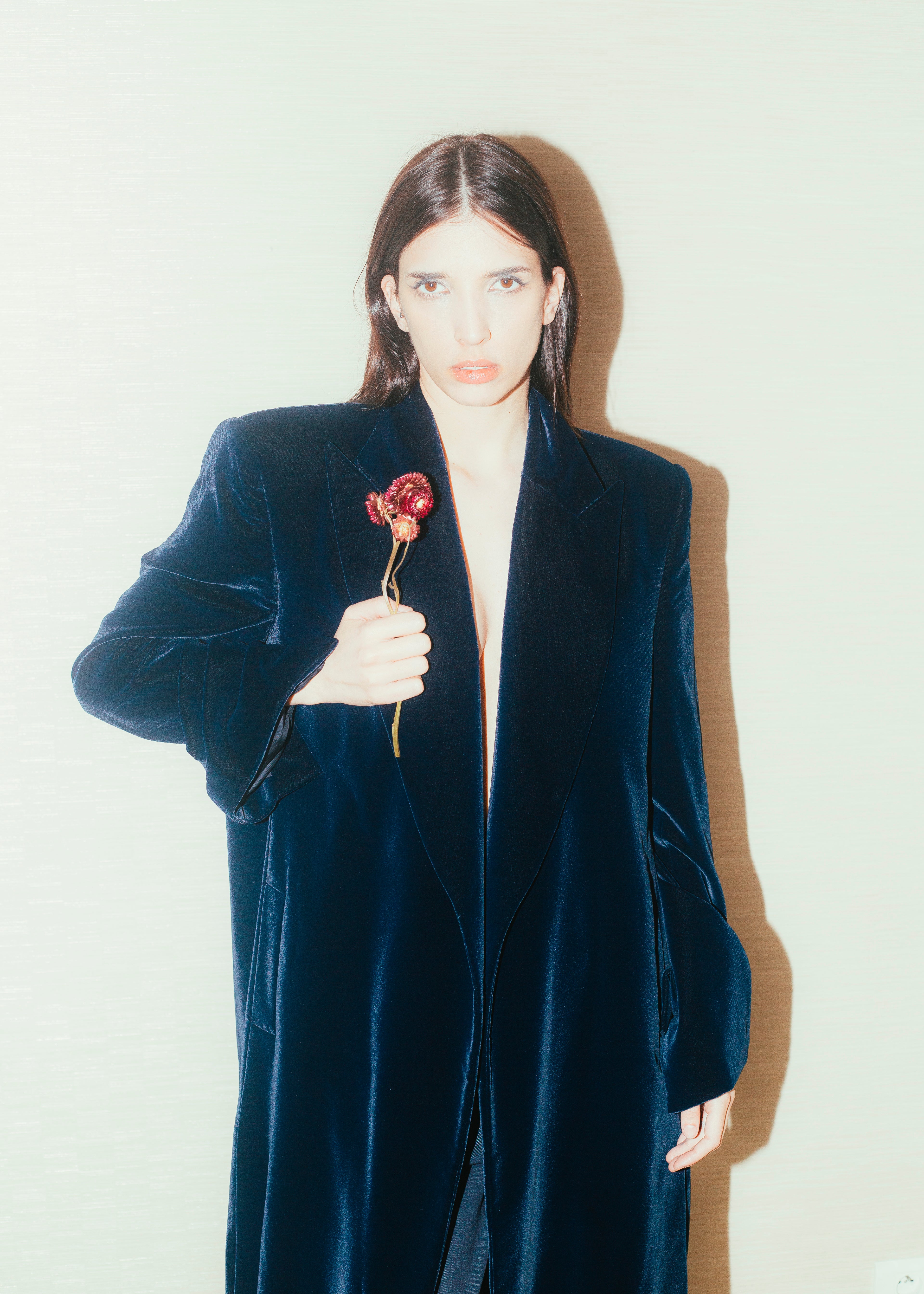 Manteau droit long en velour